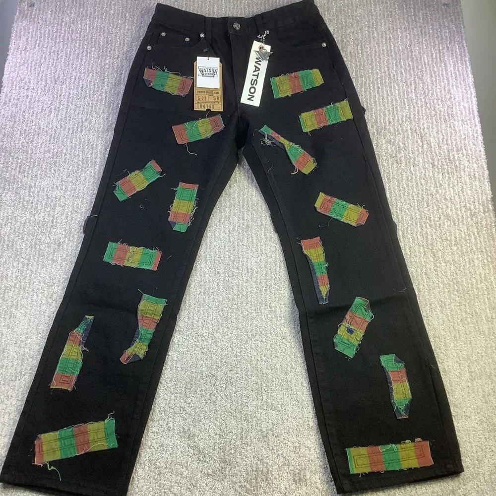 Watson Denim Black Jeans Mens‎ Size 32 (Actual 30 x 31) Rasta Patches NWT